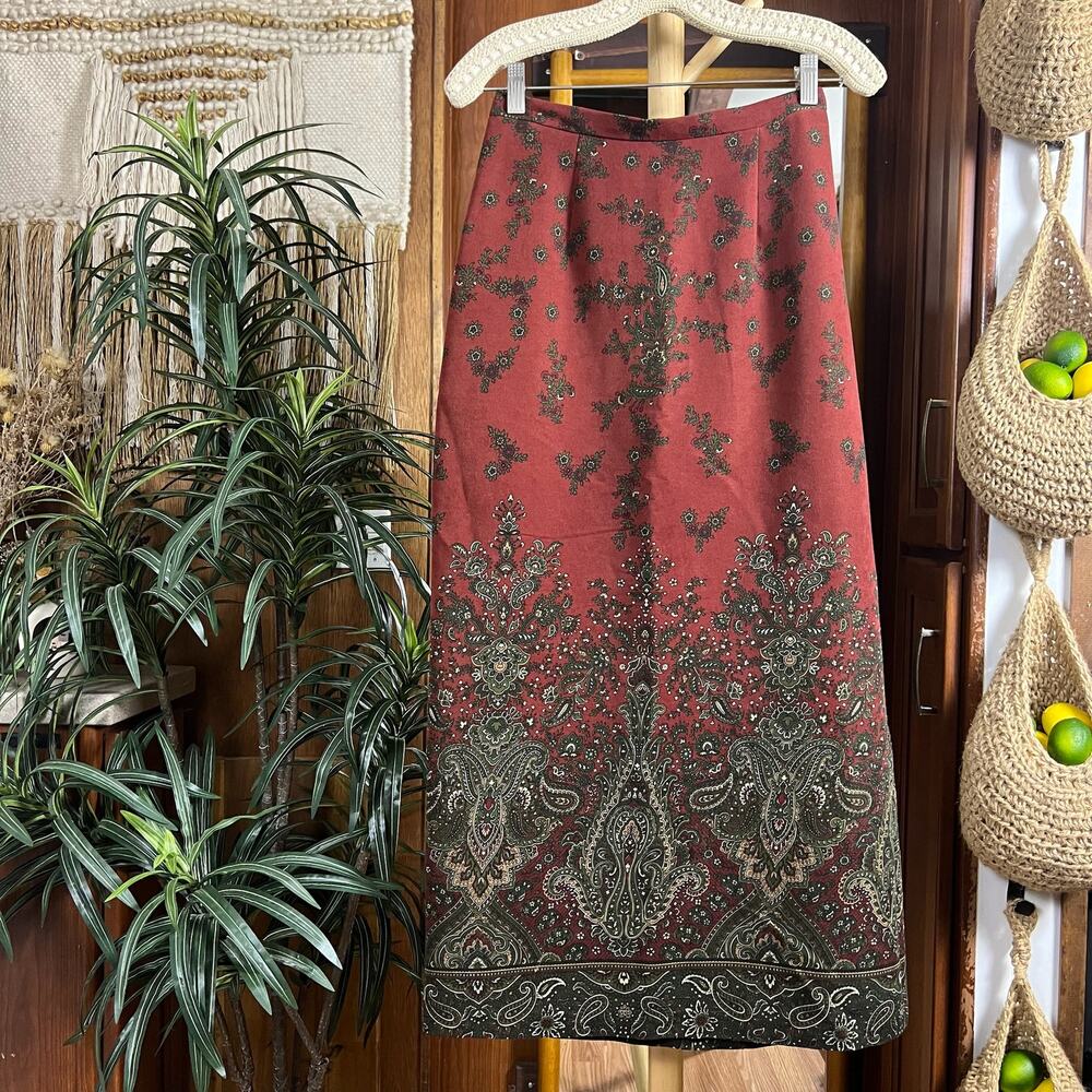 Y2K Boho Paisley Tapestry Midi Skirt S Burgundy Whimsigoth Vintage Border Print